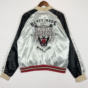 Beast Mode Ring of Fire Satin Bomber Jacket Tiger Embroidery Silver Black LARGE